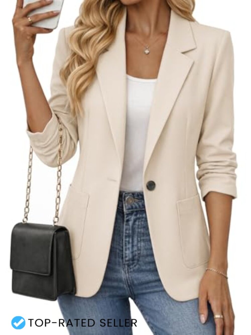 Womens Lightweight Fitted Ruched Sleeve Blazer Business Casual Jacket